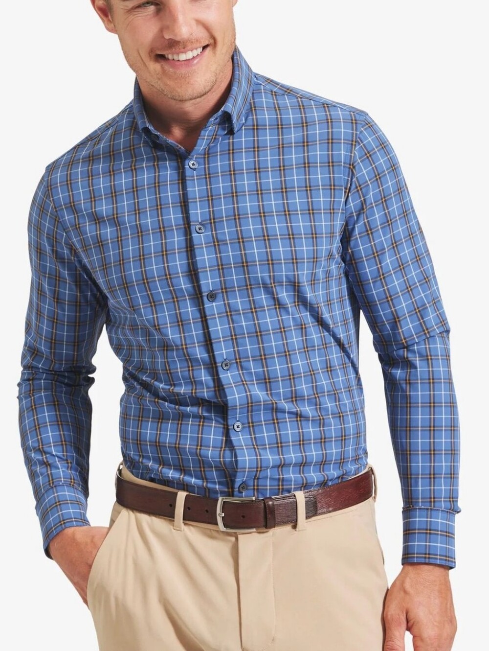 Mizzen + Main Leeward Dress Shirt - Blue Gold Plaid Large Trim Fit Performance